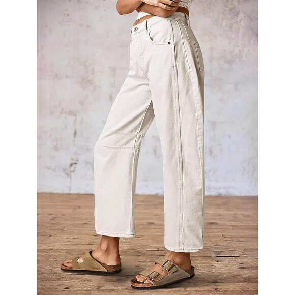 Women’s Mid Waist Crop Straight Leg Jeans Solid Stitch Casual Denim Pants - Picture 2 of 5